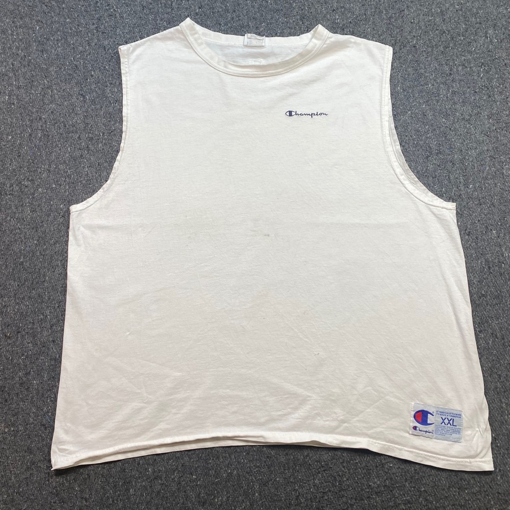 Champion Muscle TShirt Sz XXL Mens White Skater Embroidered Script Logo Jock Tag
